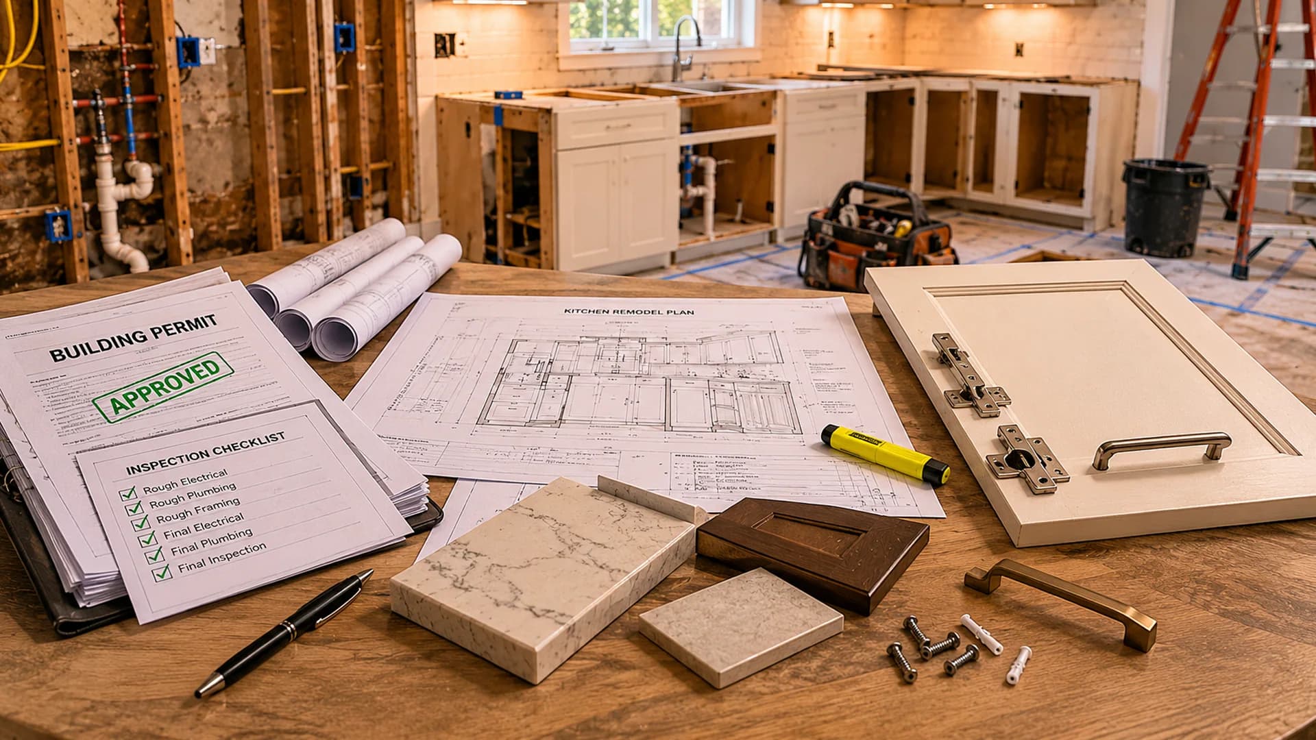 Kitchen remodel permit planning workspace with approved plans, inspection checklist, materials, and renovation documents