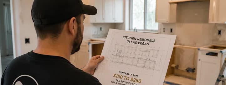 Kitchen remodeling contractor reviewing design blueprints and pricing information inside a residential kitchen renovation project