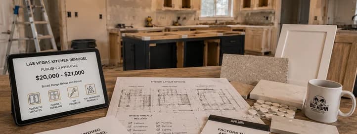 Kitchen remodel planning workspace with cost estimates, material samples, cabinet options, and layout plans in front of a partially remodeled kitchen