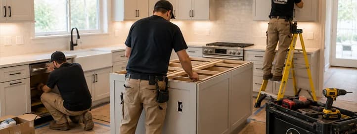 Kitchen remodeling crew installing cabinets and finishing upgrades in a mid-range residential kitchen renovation