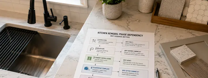 Kitchen remodel phase dependency chart showing cabinet, countertop, backsplash, and finish work sequence