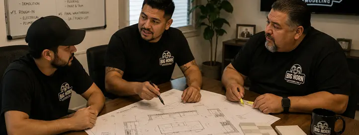 Kitchen remodel timeline planning meeting in Las Vegas with cabinet layout and appliance specs