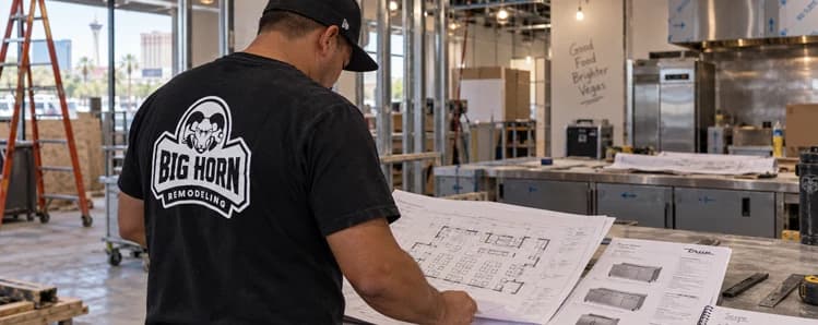 Big Horn Remodeling crew member reviews a floor plan and equipment specification sheets inside a restaurant under construction.