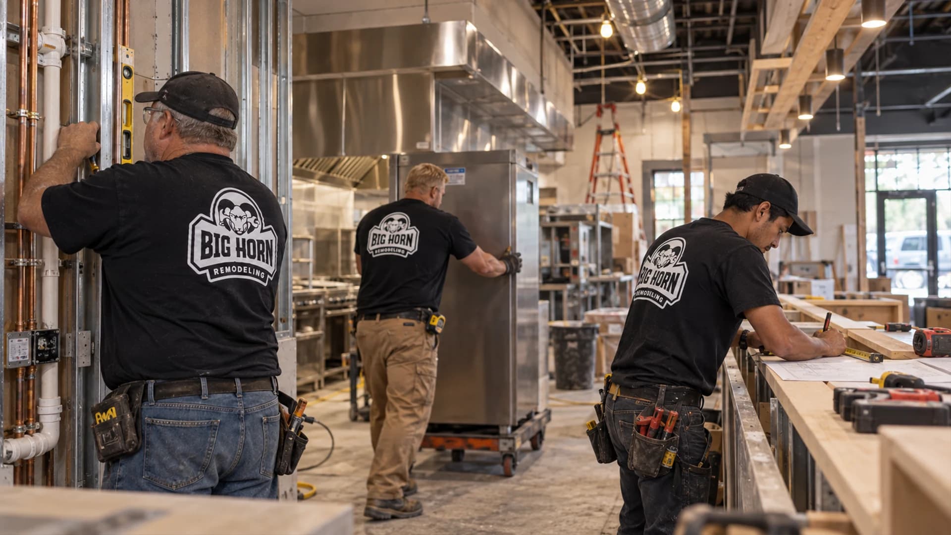 Contractors working beside exposed wall utilities, a stainless-steel exhaust hood and construction plans in a restaurant interior