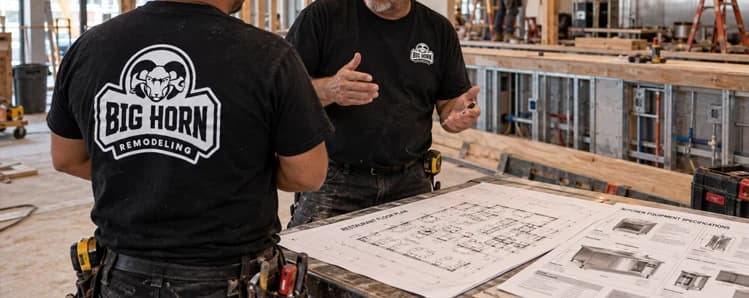 Two contractors reviewing a restaurant floor plan and equipment specifications at a worktable
