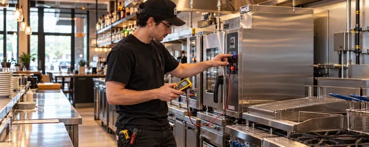 Technician using a handheld meter beside stainless-steel cooking equipment in a commercial kitchen