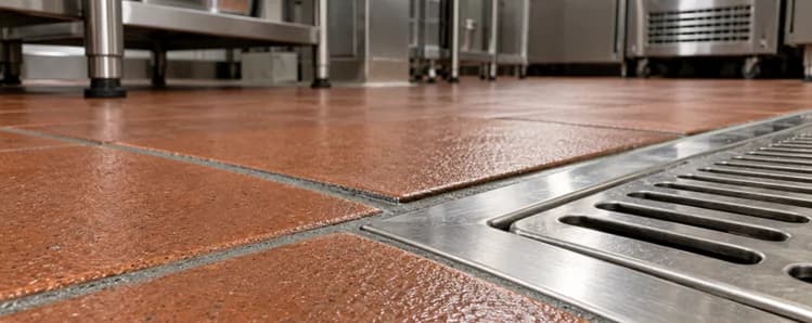 Red commercial kitchen floor tiles and grout joints beside a stainless steel floor drain grate.
