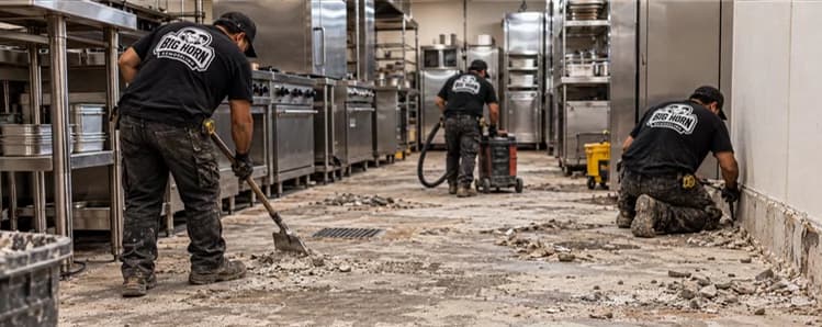 Big Horn Remodeling workers removing old kitchen flooring, with broken setting material and exposed substrate between stainless steel equipment.