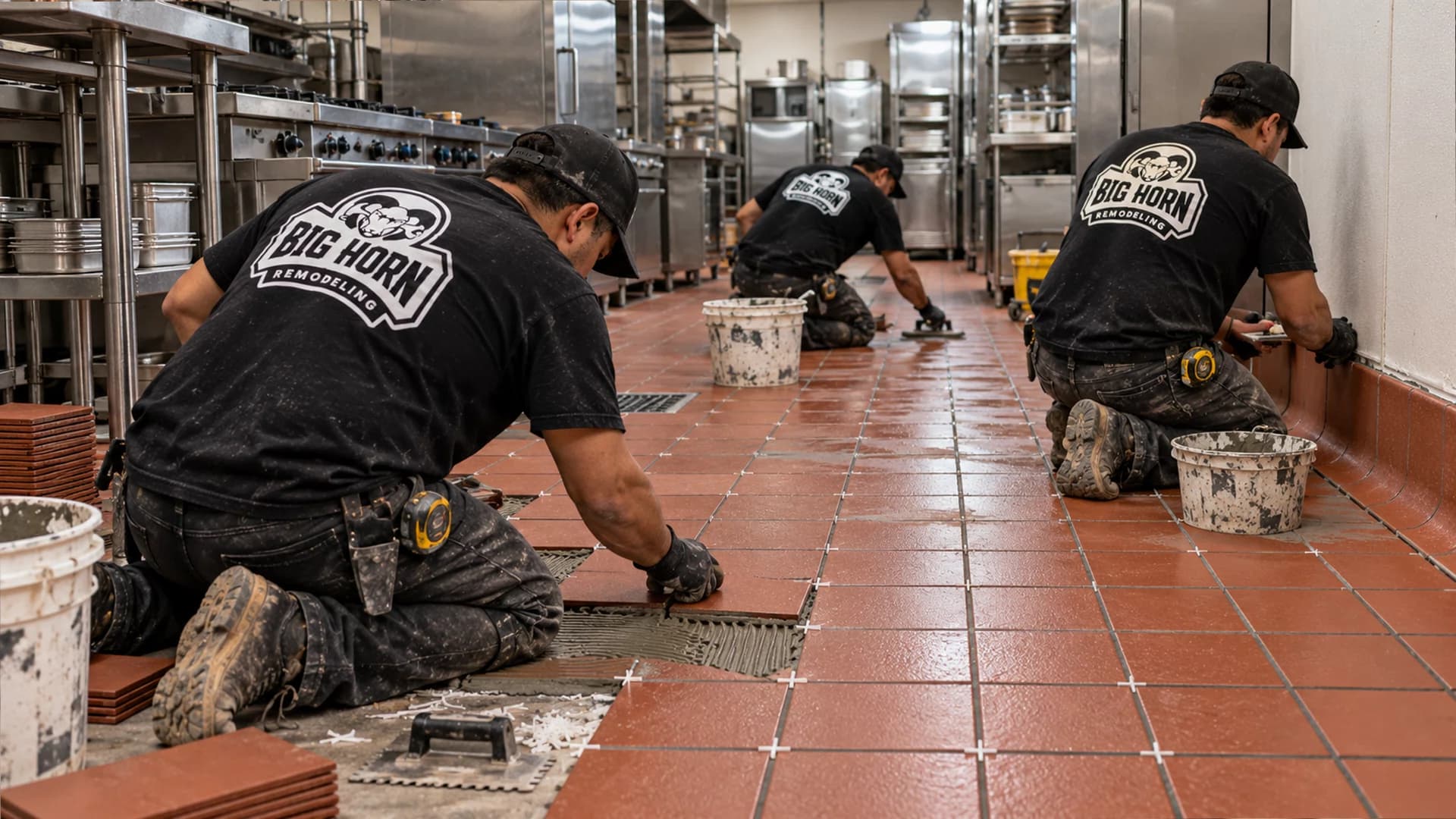 Big Horn Remodeling crew installing red quarry tiles beside stainless steel commercial kitchen equipment.