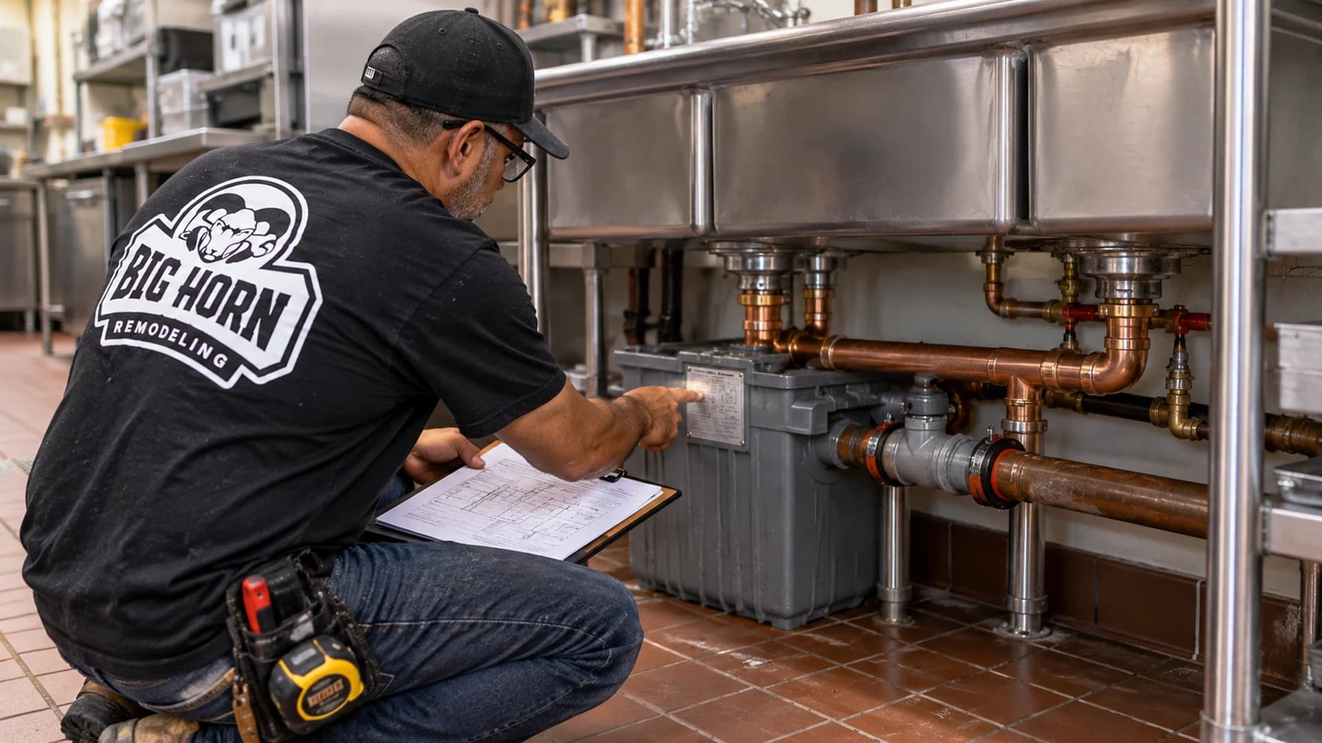 Contractor in a black Big Horn Remodeling shirt inspecting a gray grease interceptor and copper plumbing beneath a commercial kitchen sink.