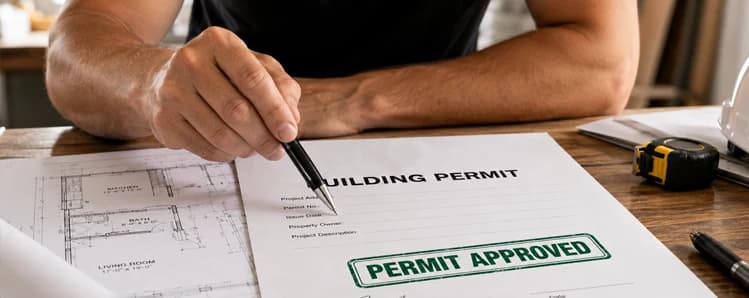 Close-up of a hand signing a document labeled Building Permit with an Approved stamp beside a floor plan and tape measure.