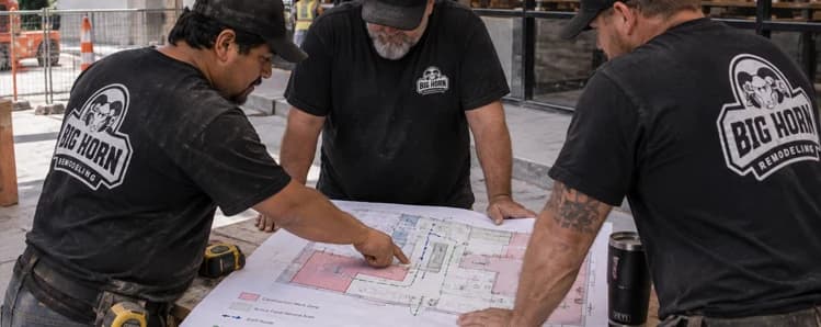 Three Big Horn Remodeling crew members review a color-coded floor plan at a table in a commercial construction space.