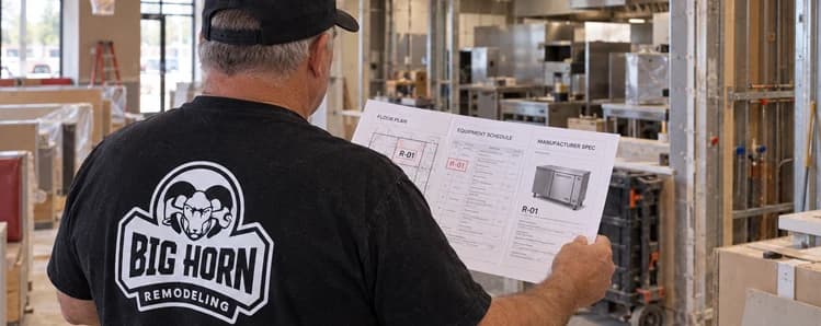 Big Horn Remodeling crew member compares a floor plan, equipment schedule, and manufacturer specification sheet marked R-01 inside a restaurant under construction.