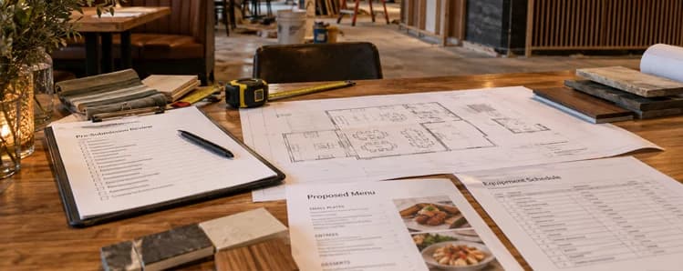 A proposed menu, equipment schedule, floor plan, and construction samples arranged on a restaurant table.