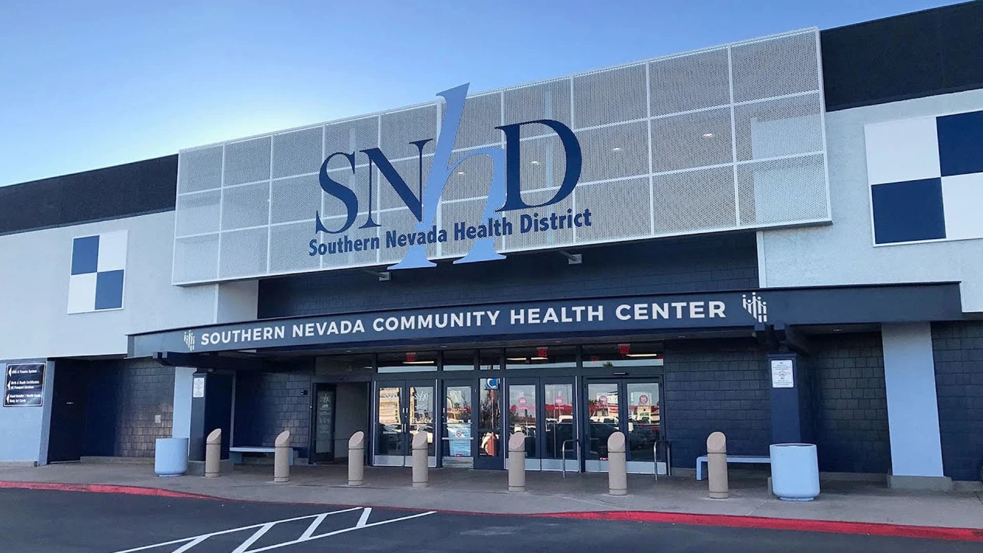 Southern Nevada Health District sign above the entrance to the Southern Nevada Community Health Center.