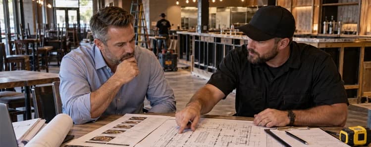 Two men review a restaurant floor plan and documents at a table inside an unfinished restaurant.
