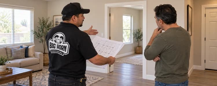 A contractor in a black Big Horn Remodeling shirt holds a floor plan while speaking with a homeowner in a finished room