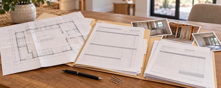 An open folder with a floor plan, record sheets, construction photographs and a pen on a wood table