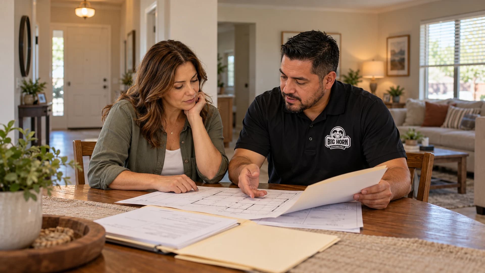 Homeowner and contractor in a black Big Horn Remodeling shirt reviewing floor plans and a property folder at a dining table