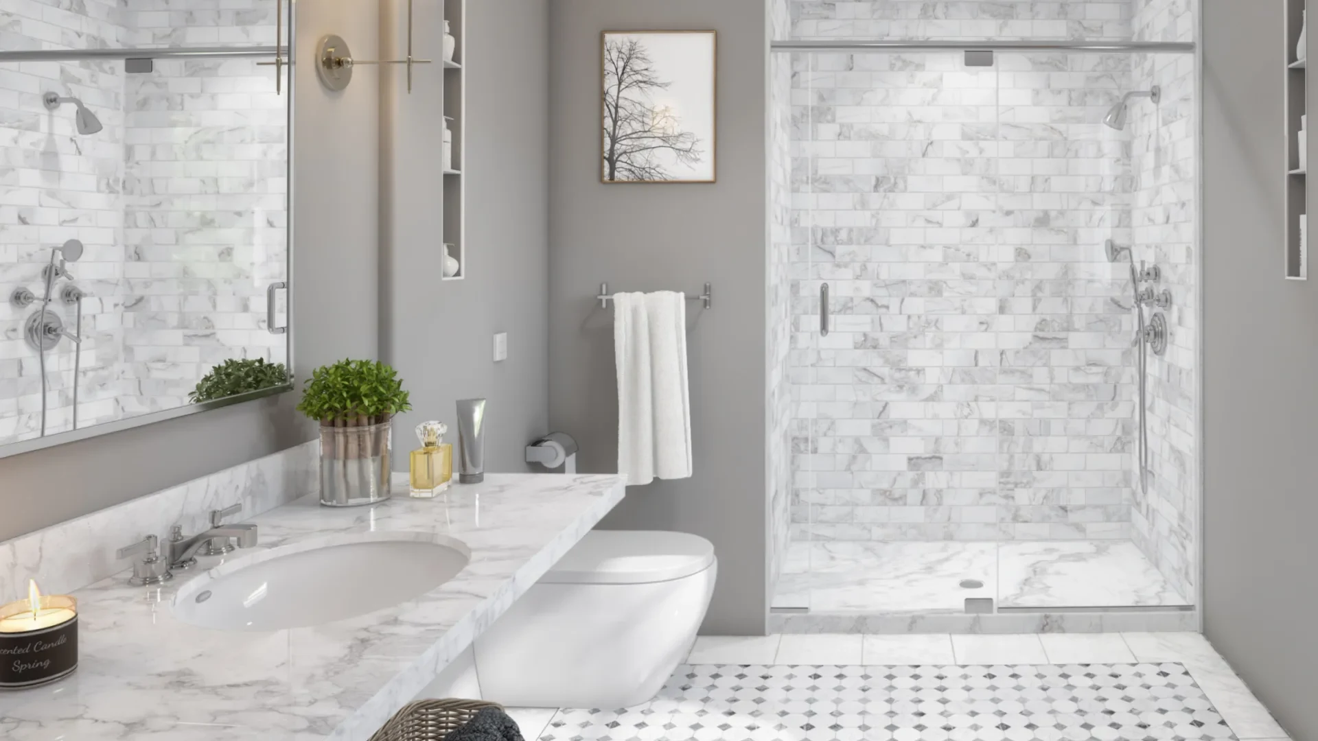 Finished bathroom remodel in Las Vegas with glass shower, vanity, round backlit mirror, and marble-look tile