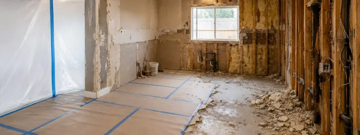 Kitchen remodel demolition with site protection and exposed hidden conditions before rough trades