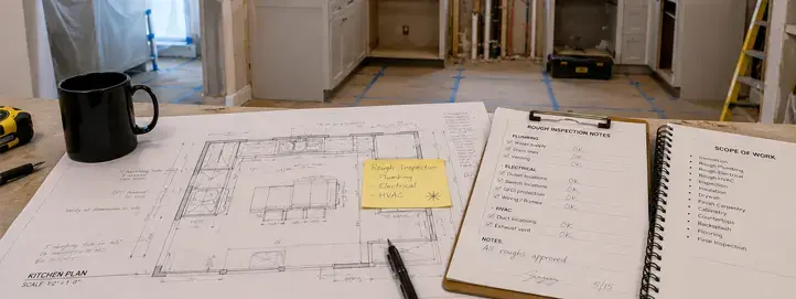 Kitchen remodel plans inspection notes and trade scope documents for rough plumbing electrical gas and ventilation