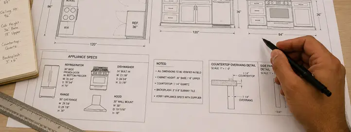 Kitchen remodel scope review meeting with cabinet layout appliance specs finish selections and written checklist