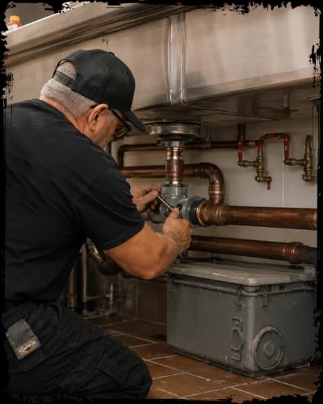 Plumber connecting restaurant grease-waste piping beneath a stainless-steel sink