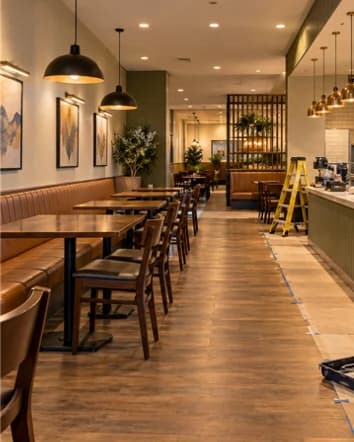 Commercial interior with wood-look flooring, pendant lights, booth seating and a partially finished counter area.