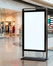Freestanding blank sign display in a shopping center walkway.