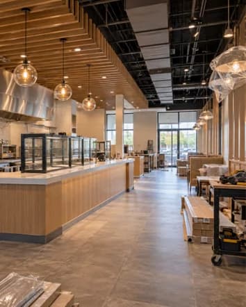 Commercial buildout with a service counter, pendant lights, wood ceiling panels and construction materials along the aisle.