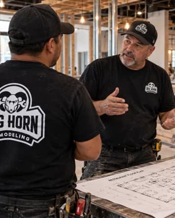 Construction team members beside floor plans in a commercial space with exposed wall framing.