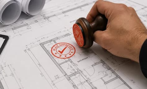 Hand stamping an approval mark on a bathroom floor plan in a drawing set.
