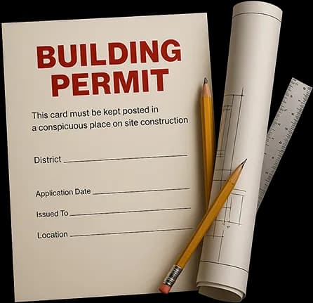 Building permit card with a rolled drawing set, pencils, and a ruler.