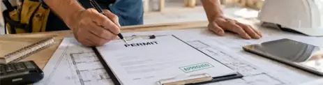 Contractor signing a shower remodel permit over construction blueprints