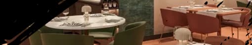 Restaurant dining tables and upholstered chairs