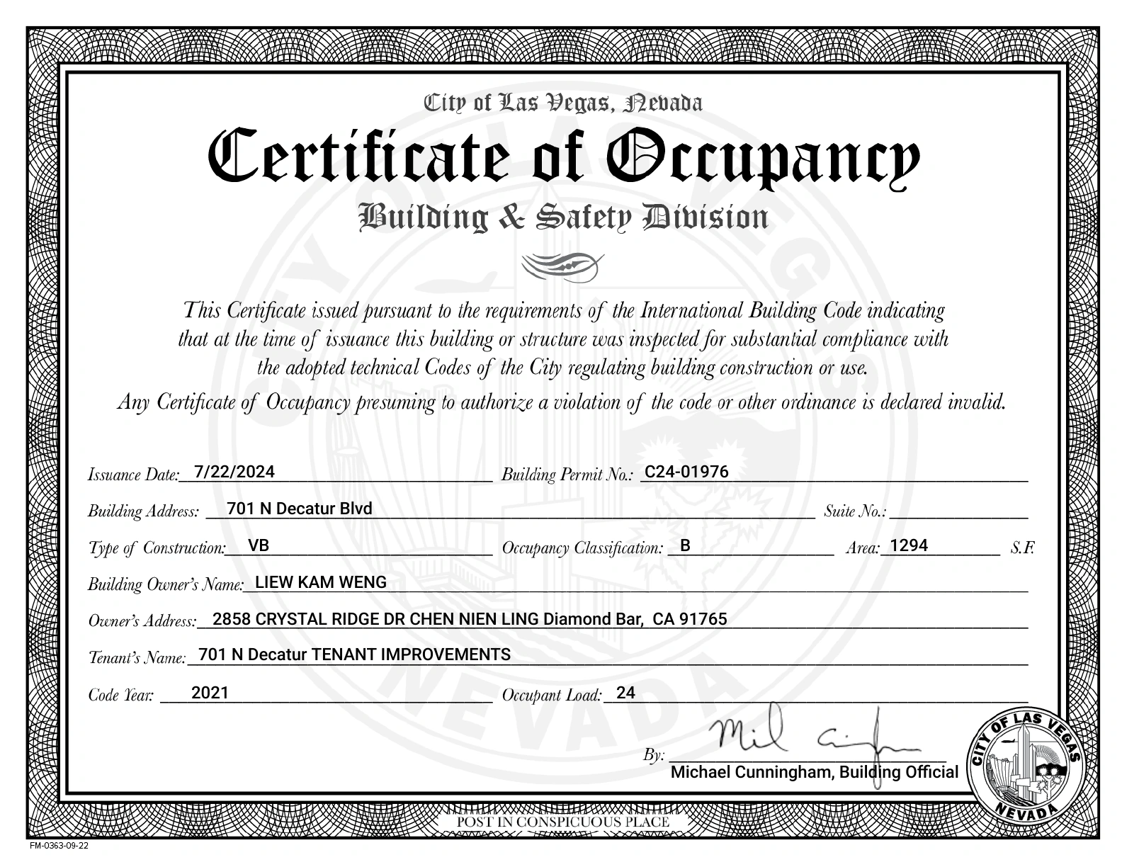 City of Las Vegas Certificate of Occupancy for permit C24-01976 at 701 N Decatur Blvd.
