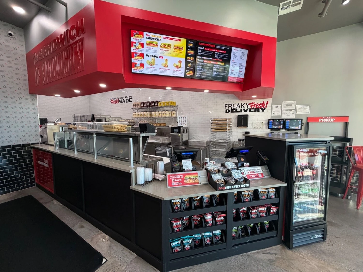 Jimmy John's custom service counter chip display and digital menu board installation