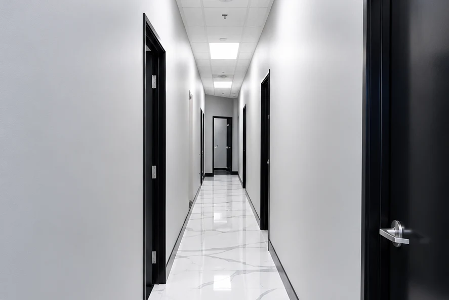 Marble-look tile hallway lined with dark refinished office doors and light gray walls.