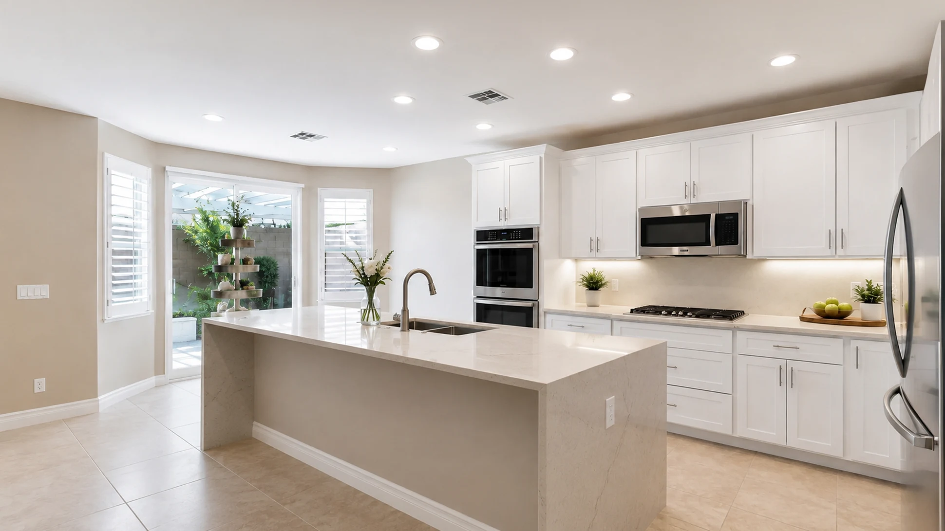 Finished kitchen after the prefab cabinet remodel with white raised-panel cabinets, larger single-level island, leathered quartz, and updated lighting
