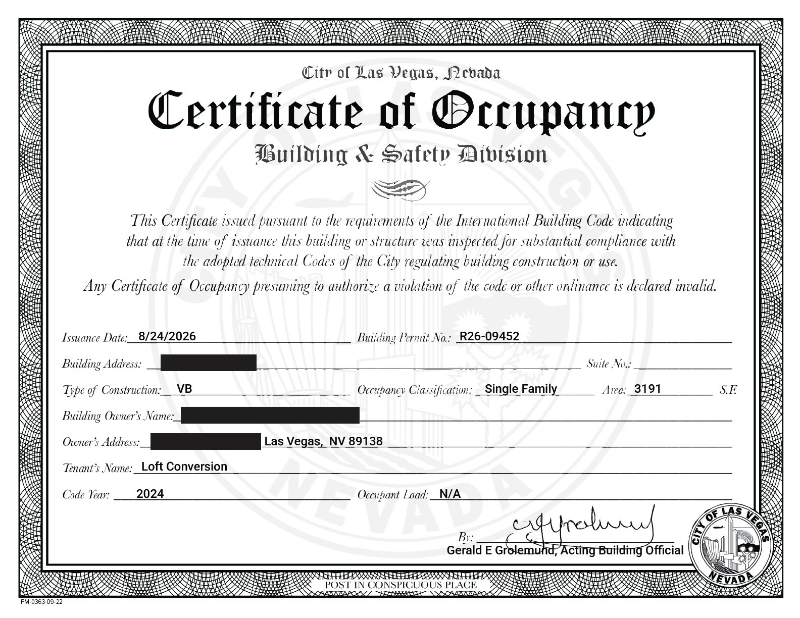 City of Las Vegas Certificate of Occupancy for loft conversion permit R26-09452, issued August 24, 2026.