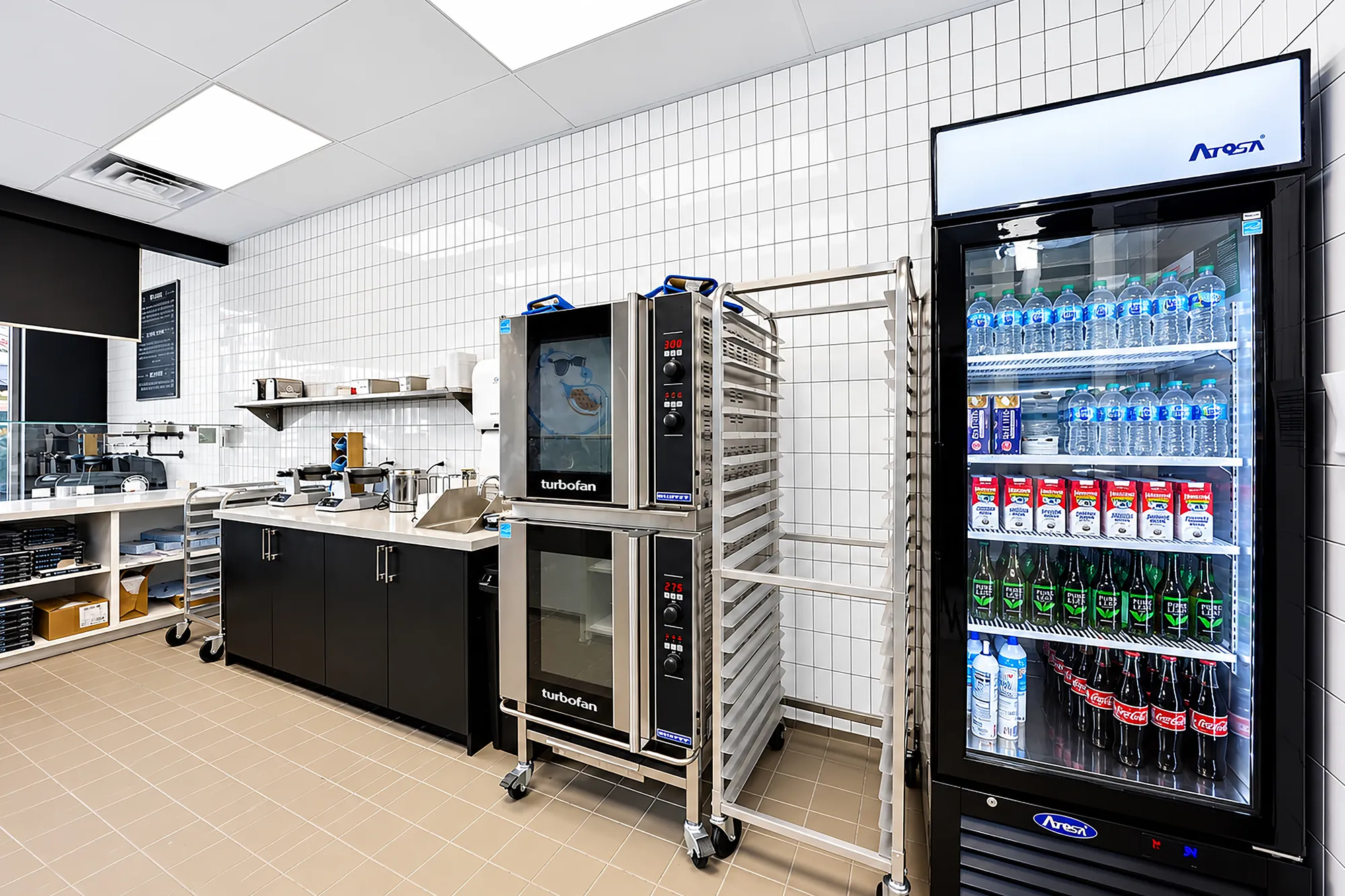 Stacked cookie ovens beside a locally fabricated black sink cabinet and beverage refrigerator