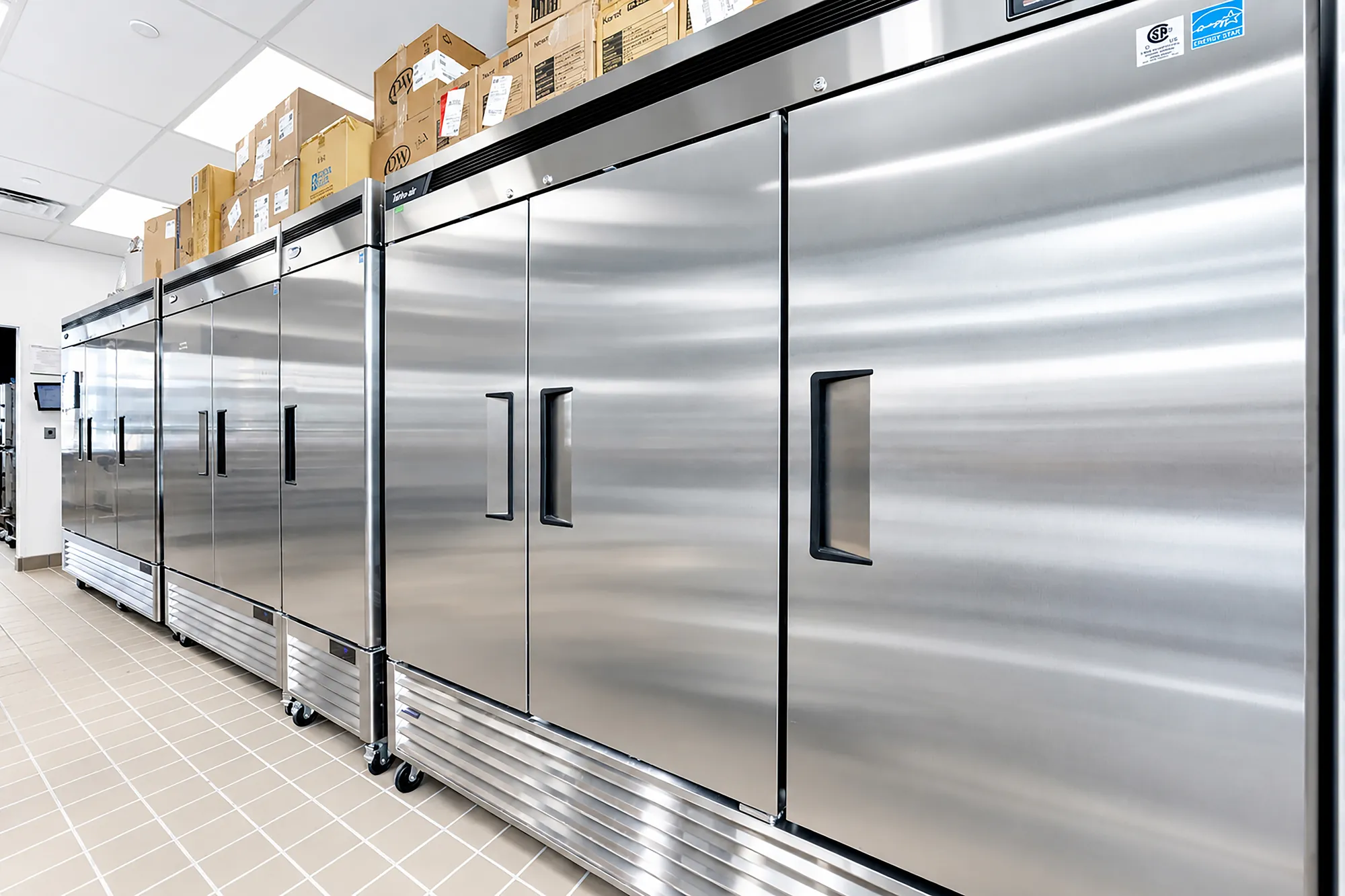 Stainless reach-in refrigeration units lining The Baked Bear back-of-house kitchen