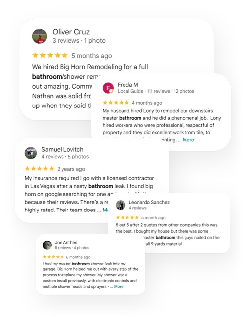 Montage of Google reviews mentioning bathroom remodeling