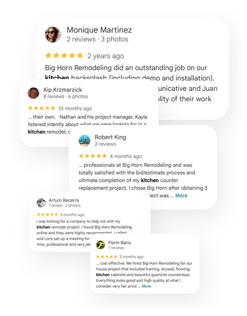 Montage of Google reviews mentioning kitchen remodeling